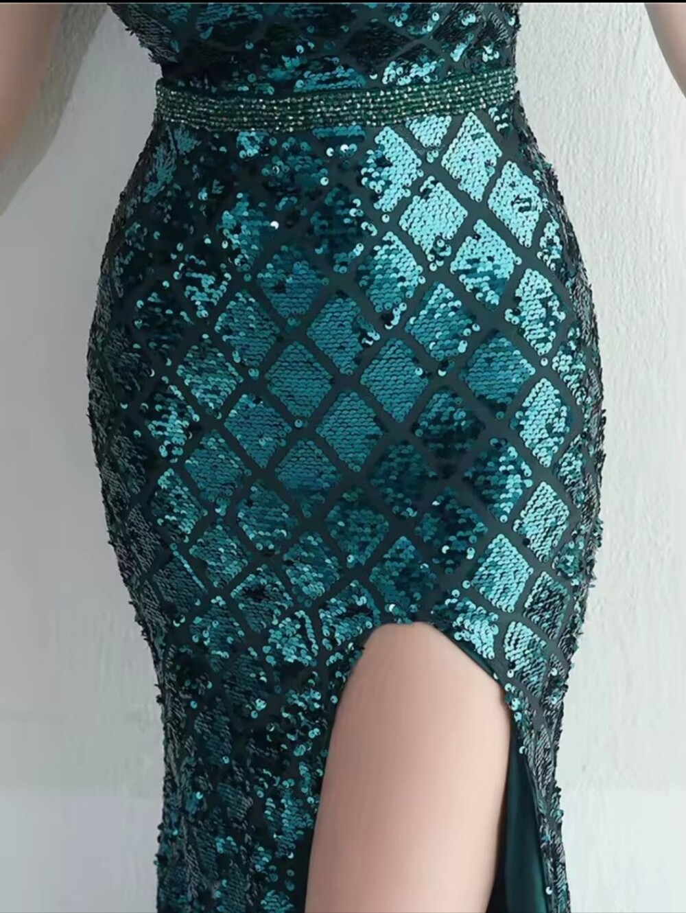 Emerald Sequin V-Neck Evening Gown with Thigh Slit - Picture 10 of 15